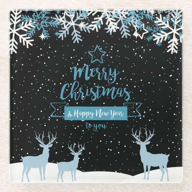 Black Blue Merry Christmas Glass Untersetzer (Vorderseite)