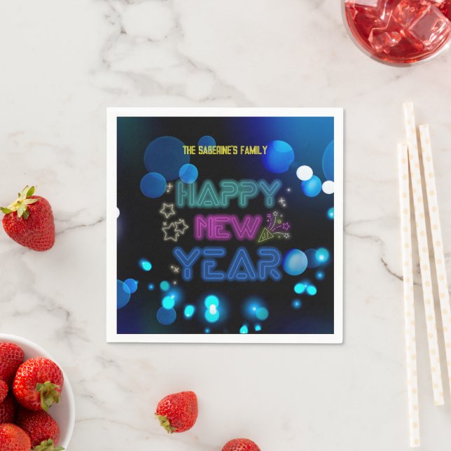 Black & Blue Midnight Sparkle Neon Glow New Year  Serviette (Beispiel)