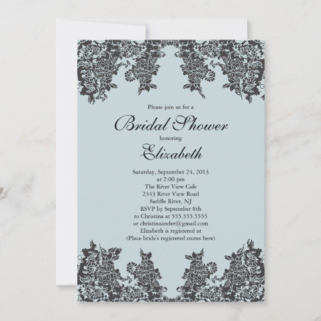 Black & Blue Modern Lace Floral Brautparty Einladung (Vorderseite)