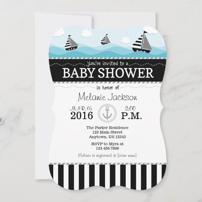 Black Blue Nautical Baby Dusche Einladung (Vorderseite)
