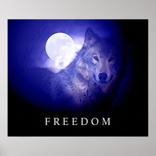 Black Blue Night Freedom Loup Head Fullmoon Poster
