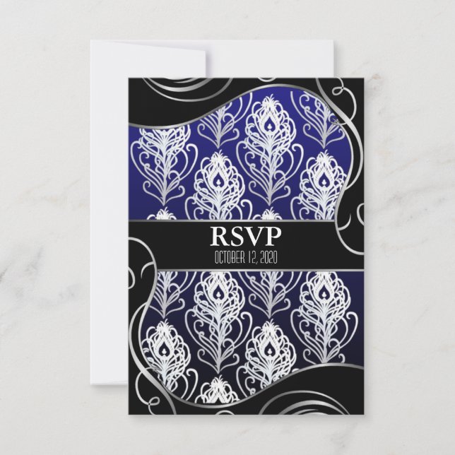 Black & Blue Peacock Feather Wedding RSVP Cards (Vorderseite)