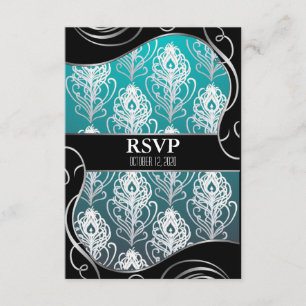 Black & Blue Peacock Feather Wedding RSVP Cards Karte