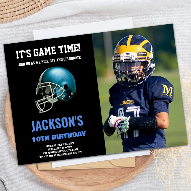 Black Blue Photo Football Anniversaire Invitations (Black Blue Photo Football Birthday Invitations)