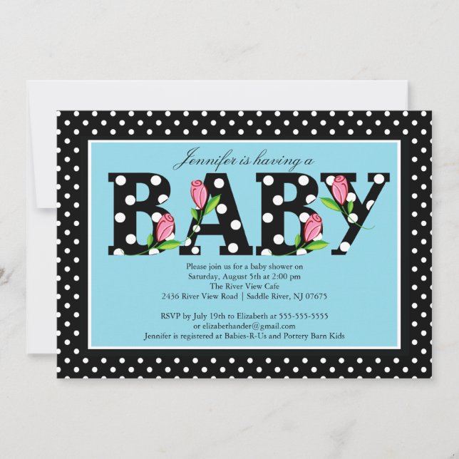 Black Blue Polka Dot "baby" Boy Baby Dusche Einladung (Vorderseite)