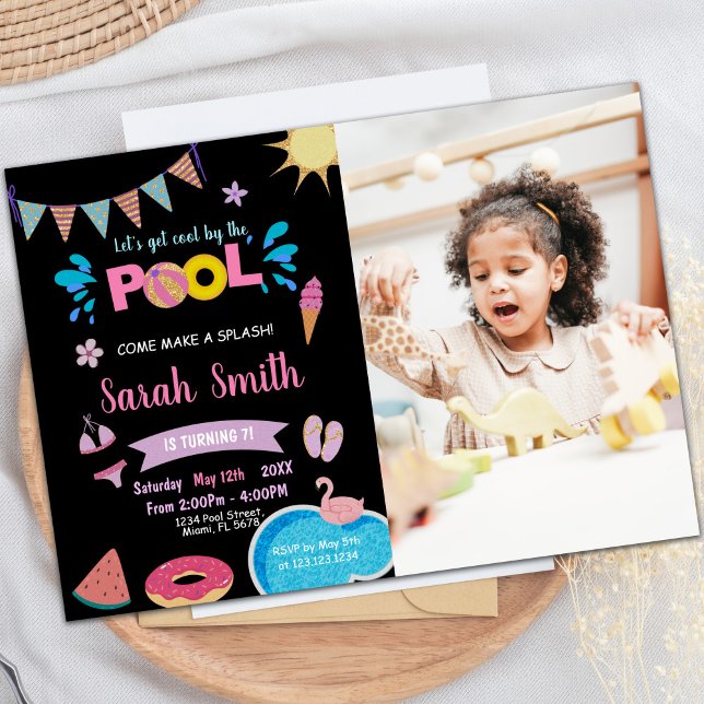 Black Blue Pool Invitations d'anniversaire avec ph (Black Blue Pool Birthday Invitations with photo)