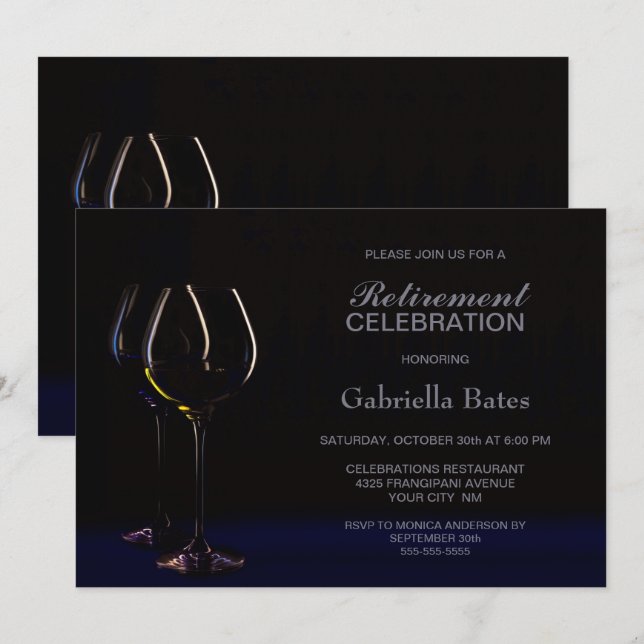 Black Blue Retirement Wine Glass Party Einladung (Vorne/Hinten)