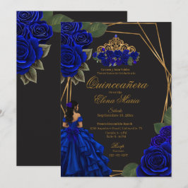 Black Blue Rose Gold Princess Quinceañera Einladung