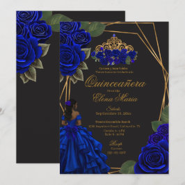 Black Blue Rose Gold Princess Quinceañera Einladung