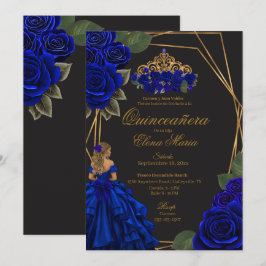 Black Blue Rose Gold Princess Quinceañera Einladung