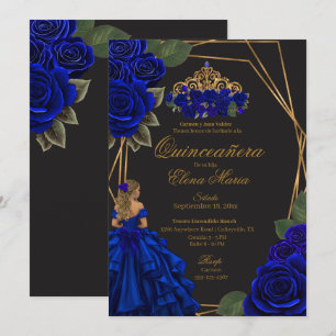 Black Blue Rose Gold Princess Quinceañera Einladung