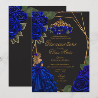 Black Blue Rose Gold Princess Quinceañera Einladung