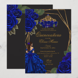 Black Blue Rose Gold Princess Quinceañera Einladung