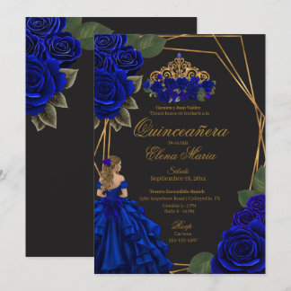 Black Blue Rose Gold Princess Quinceañera Einladung