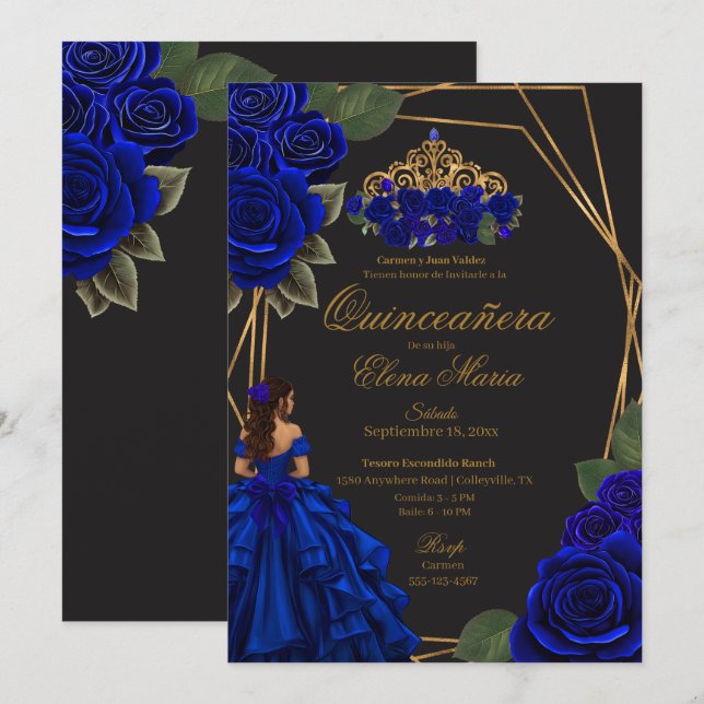 Black Blue Rose Gold Princess Quinceañera Einladung (Vorne/Hinten)