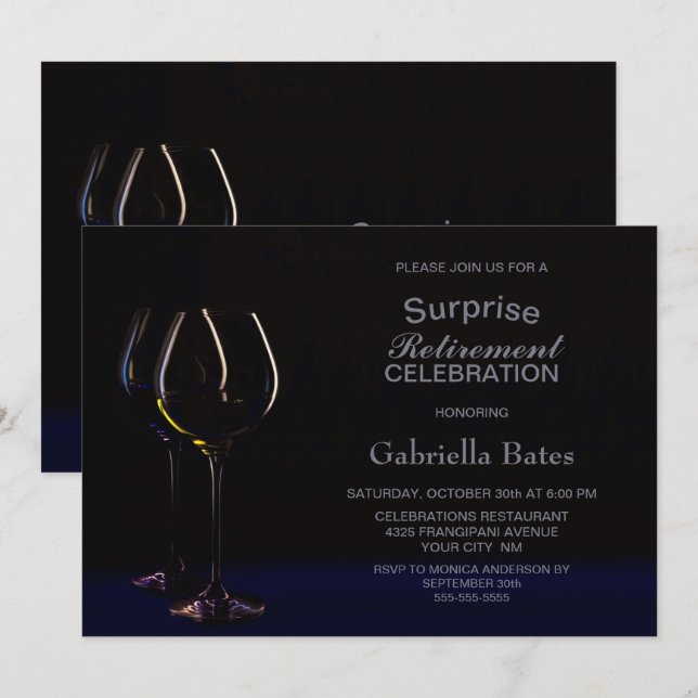 Black Blue Surprise Retirement Wine Glass Party Einladung (Vorne/Hinten)