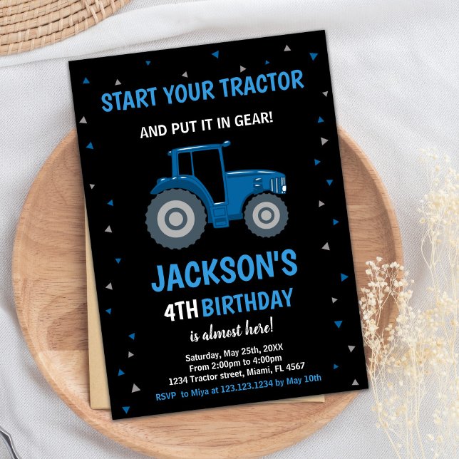 Black Blue Traktor Geburtstagseinladungen Einladung (Black Blue Tractor Birthday Invitations)