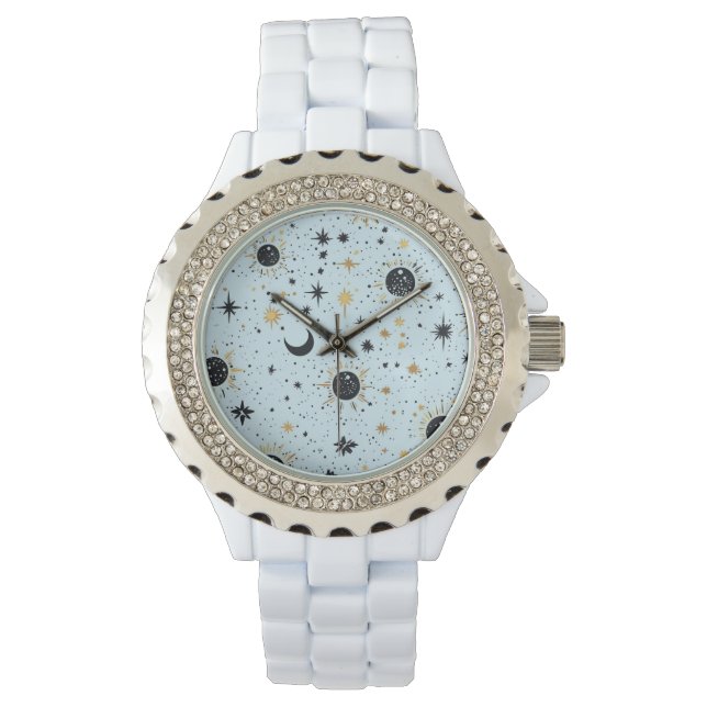 Black Blue und Gold Celestial Sun Moon Stars Armbanduhr (Vorderseite)