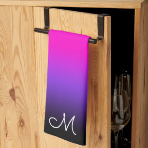 Black Blue Violet und Neon Pink Ombre Monogram Geschirrtuch