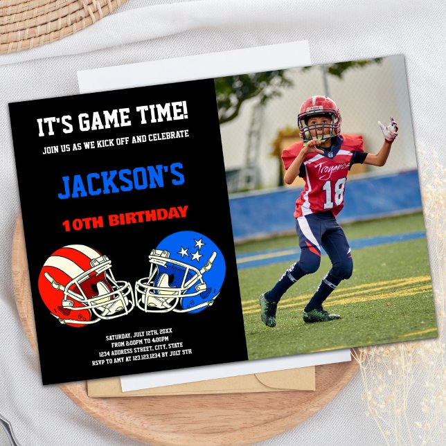 Black Blue vs Red Foto Football Geburtstag Einladung (Black Blue vs Red Photo Football Birthday Invitation)