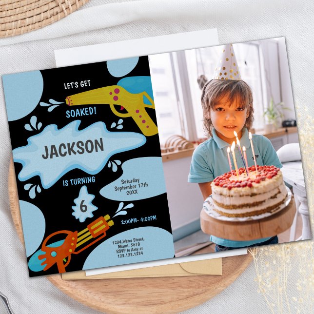 Black Blue Water Gun Einladungen mit Foto (Black Blue Water Gun Invitations with photo)