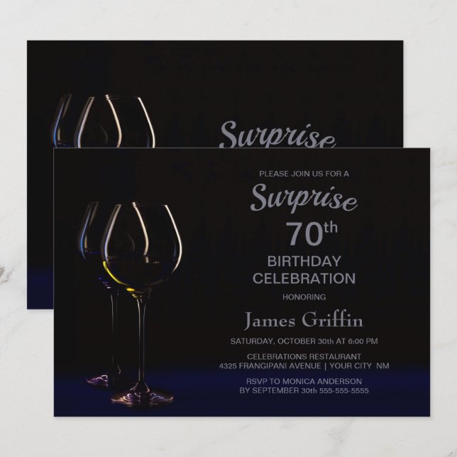Black Blue Wine Champagne Überraschung 70. Geburts Einladung (Vorne/Hinten)
