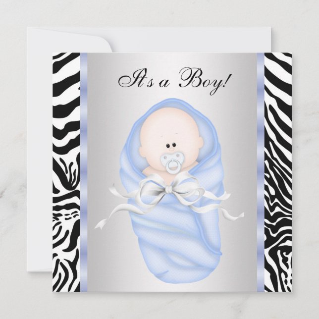 Black Blue Zebra Baby Boy Shower Invitations (Devant)