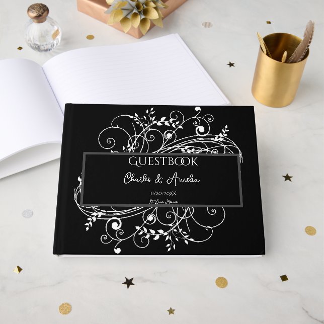 Black Blüh Wedding Guest Book Gästebuch (Vorderseite Offen)