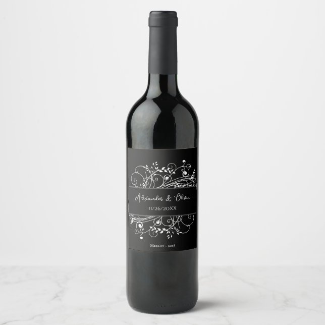 Black Blüh Wedding Wine Label Weinetikett (Vorderseite)
