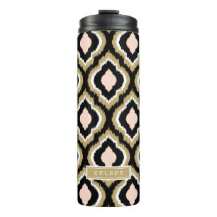 Black Blush and Gold Ikat Marokkanisches Monogramm Thermosbecher