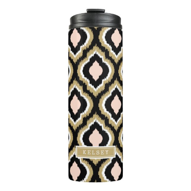 Black Blush and Gold Ikat Marokkanisches Monogramm Thermosbecher (Vorderseite)