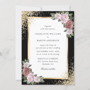 Black Blush Gold Frame Confetti Bloral Wedding Einladung