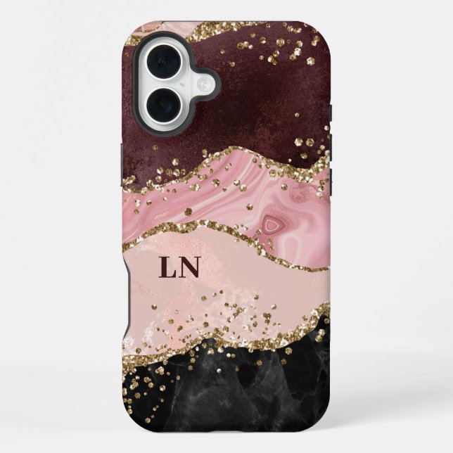Black Blush Gold Glitzern Agate Monogram iPhone 16 Plus Hülle (Rückseite)