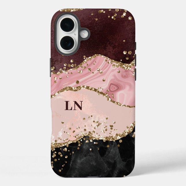 Black Blush Gold Glitzern Agate Monogram iPhone 16 Plus Hülle (Rückseite)