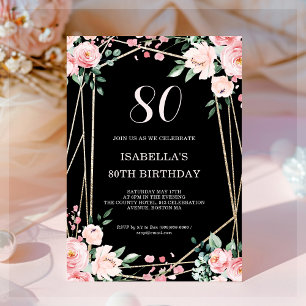 Black   Blush Pink Floral Invitation de 80e annive