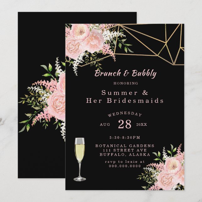 Black Blush Pink Gold Blumenbrunch und Bubbly Einladung (Vorne/Hinten)
