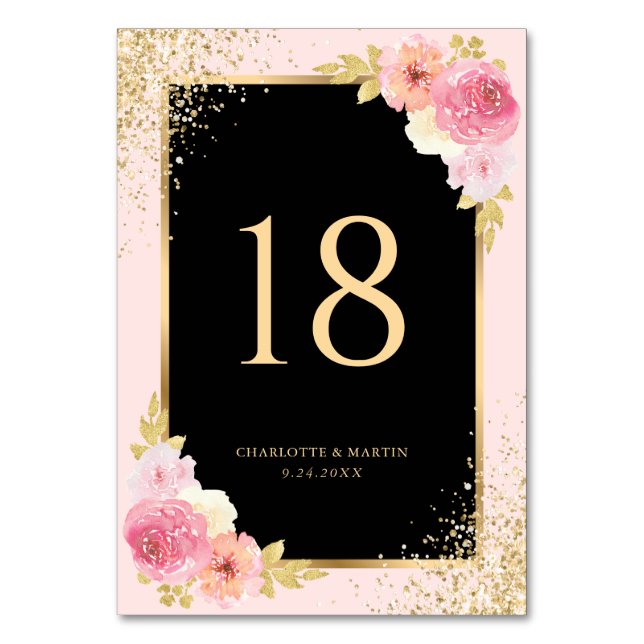 Black Blush Pink Gold Confetta Wasserfarben Tischnummer (Vorderseite)