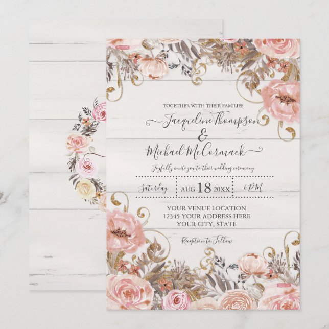 Black Blush Pink Rose Blütenfarbe Gold Einladung (Vorne/Hinten)
