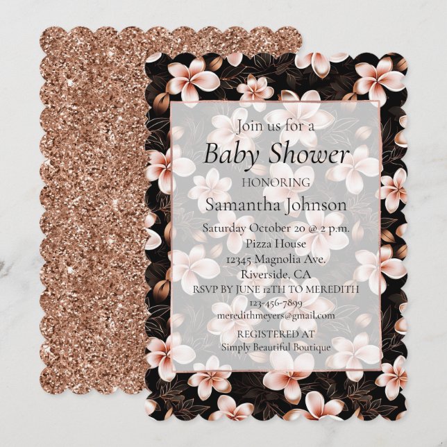 Black Blush Pink Rose Gold Bläserne Baby Dusche Einladung (Vorne/Hinten)