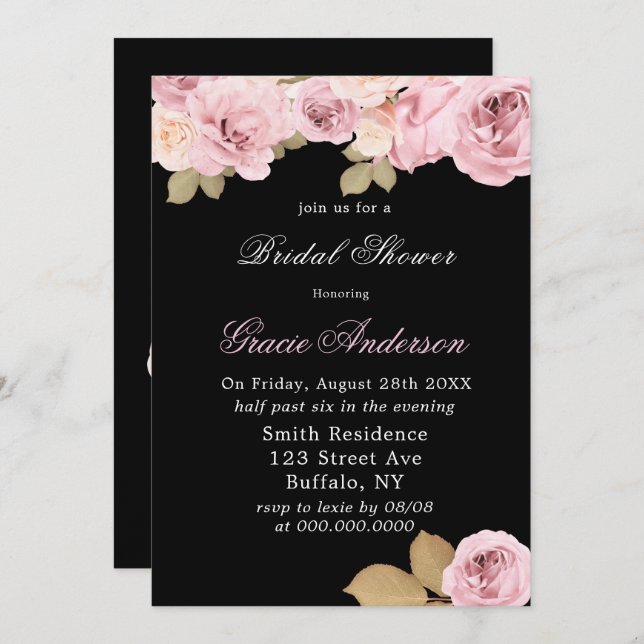 Black Blush Rose Roses nuptiale Invitation de douc (Devant / Derrière)