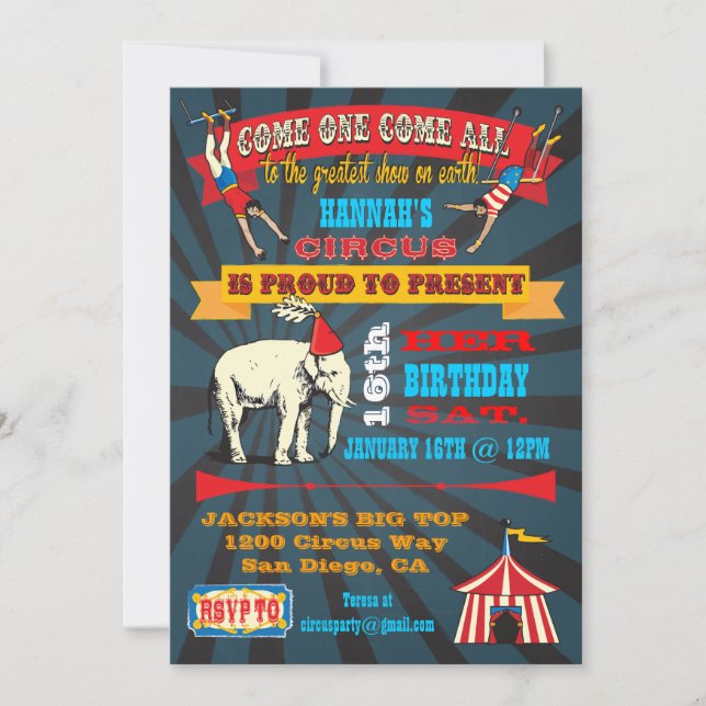 Black Board Birthday Circus Party Invitations (Devant)