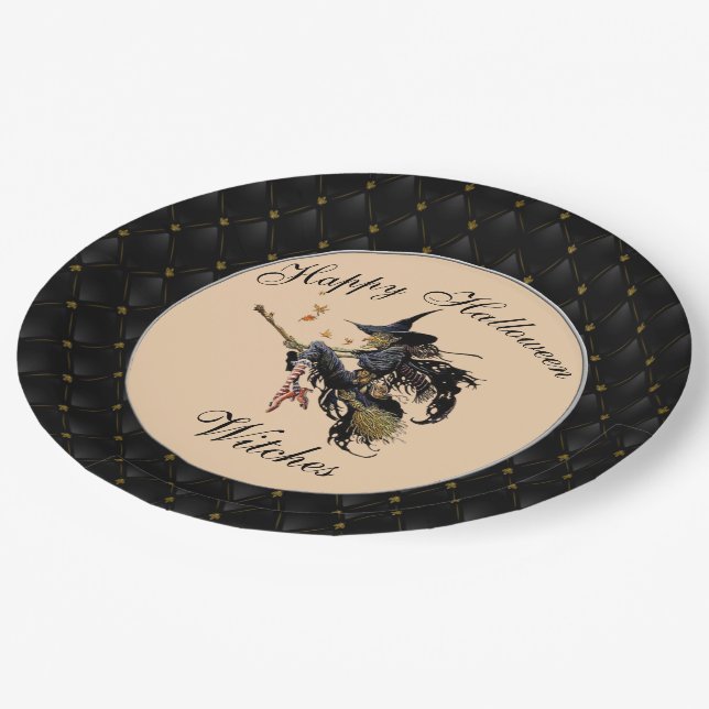 Black Boarder Happy Halloween Hexen Broom Pappteller (Schrägansicht)