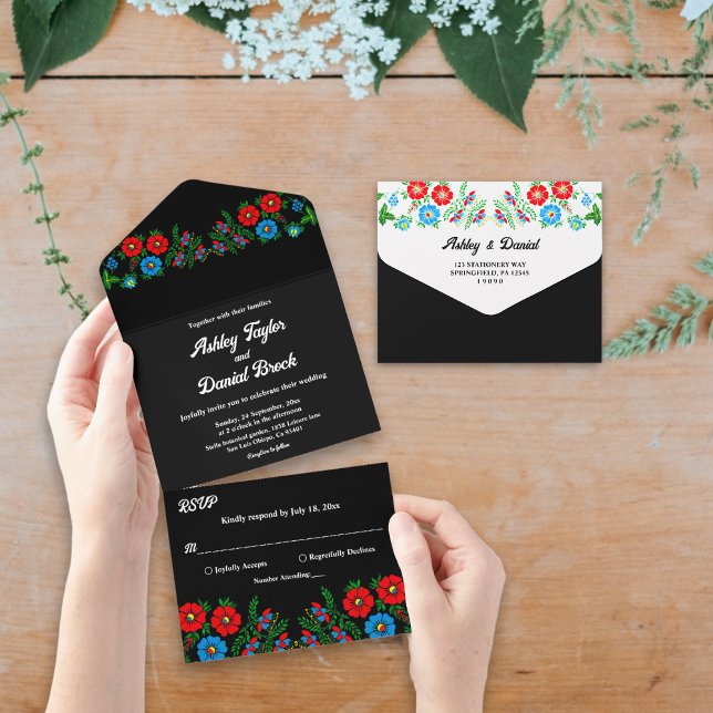 Black Boho Blue Rote Rosen Romantic Floral Wedding All In One Einladung (Von Creator hochgeladen)