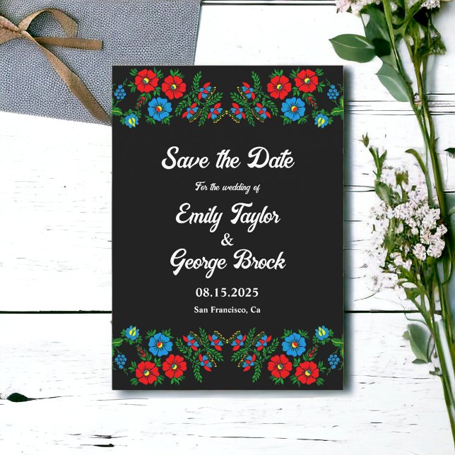 Black Boho Blue Rote Rosen Romantic Floral Wedding Save The Date (Von Creator hochgeladen)