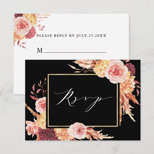 Black Boho Burgundy Terracotta Hochzeit der Blumen RSVP Karte (Vorne/Hinten)