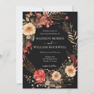 Black Boho Floral Wedding Einladung Eleganter Chic