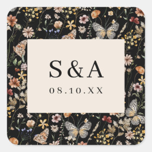 Black Boho Floral Wedding Square Sticker