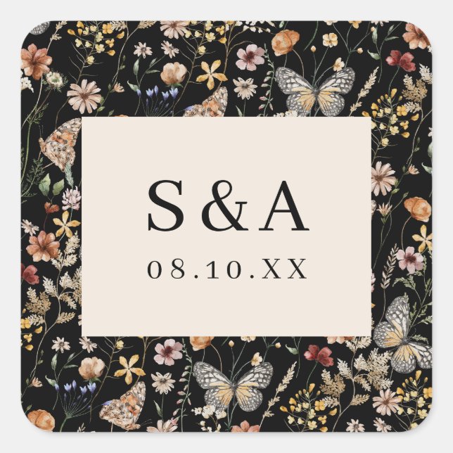 Black Boho Floral Wedding Square Sticker (Vorderseite)