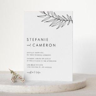 Black Boho Minimalistisch Foliage QR Code Wedding Einladung
