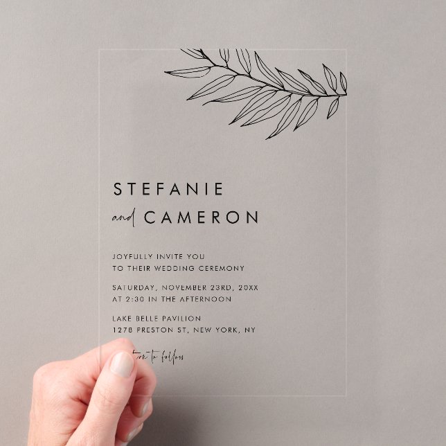 Black Boho Minimalistisch Foliage Wedding Acryleinladungen (Insitu (Handheld))